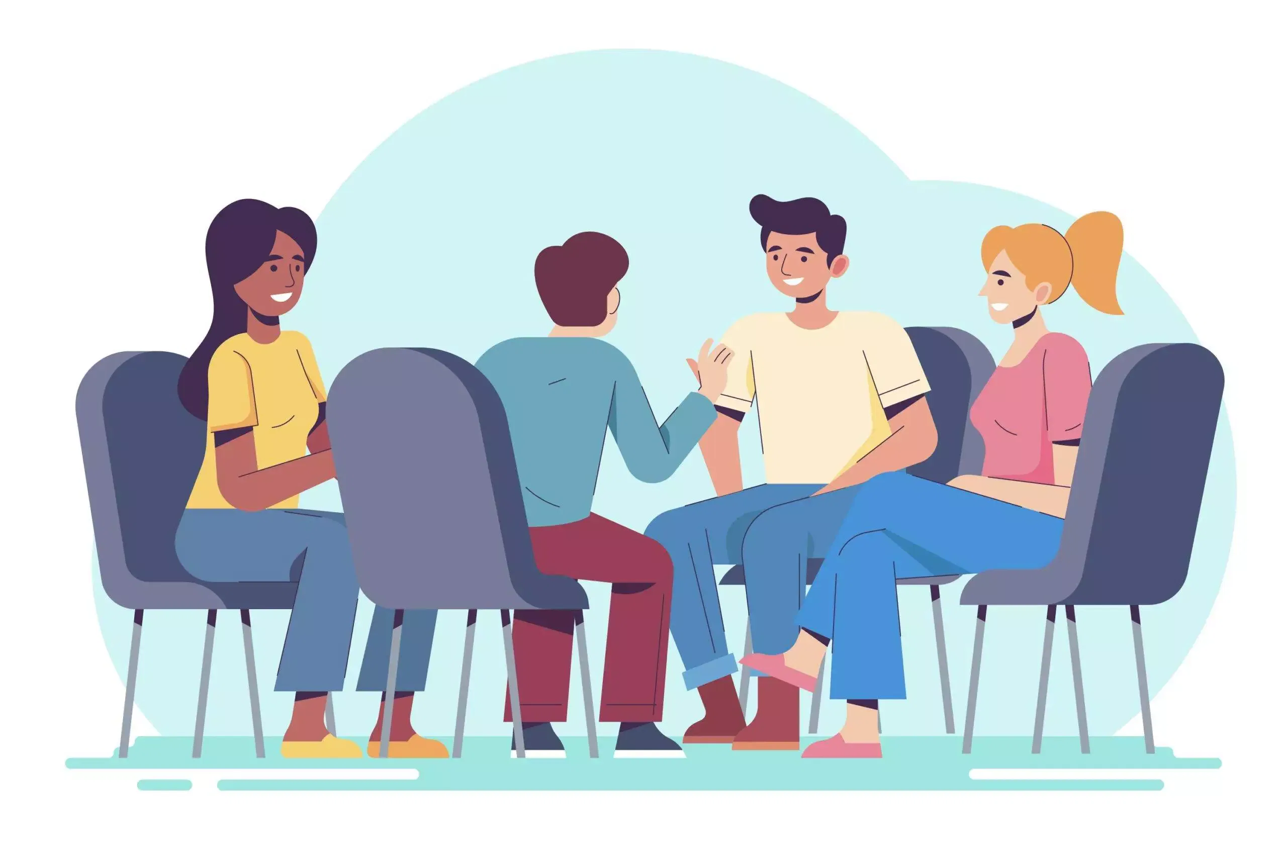 Group Therapy, emotionally distressed people having a talk therapy in group of 4 to 5 people